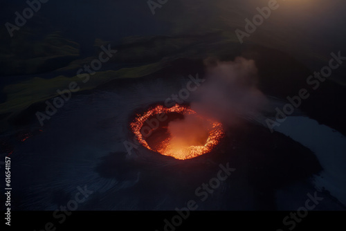 A hyperrealistic portrayal of an asteroid impact creating a massive crater, with molten lava and intense heat, resembling a scene from a volcanic eruption, in hyperrealistic 8k detail