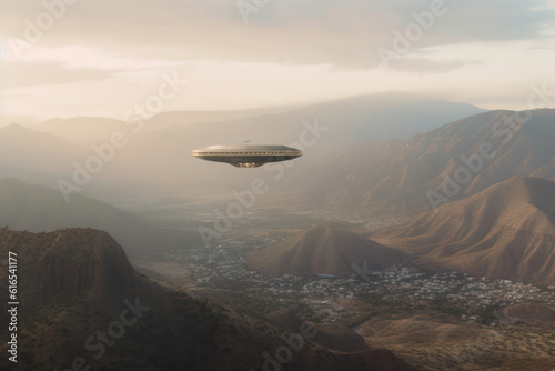 A hyperrealistic portrayal of an alien spaceship soaring above a mountain range, with intricate details and glowing energy, capturing the grandeur of an extraterrestrial encounter
