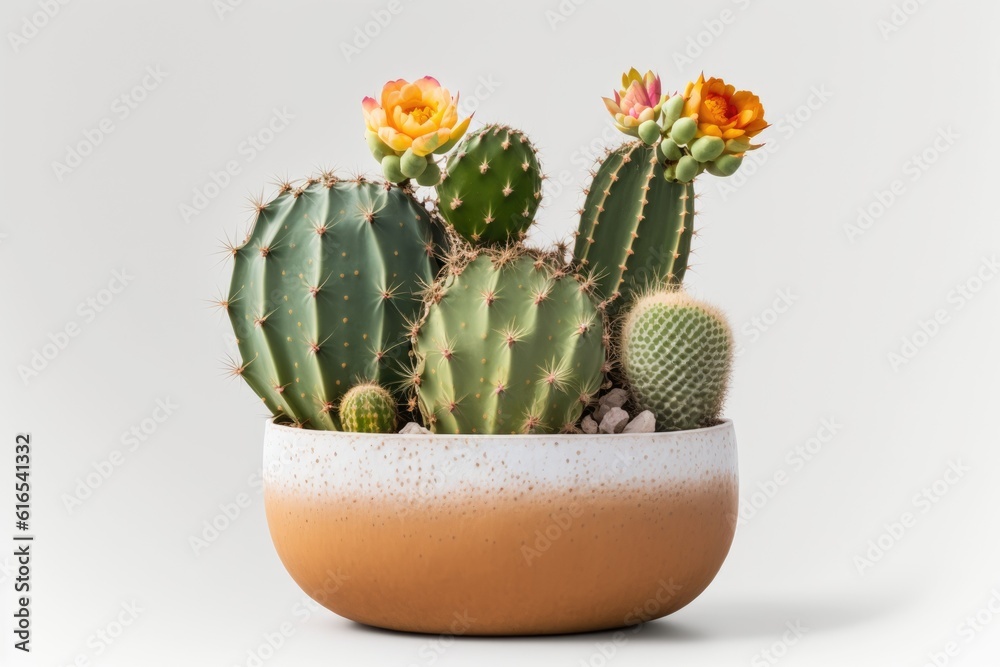 yellow-flowered cactus in a white pot. Generative AI