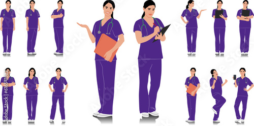 Hand-drawn healthcare worker. Happy smiling doctor with a stethoscope. Female nurse in purple uniform poses. Different color options. Vector flat style illustration set isolated on white