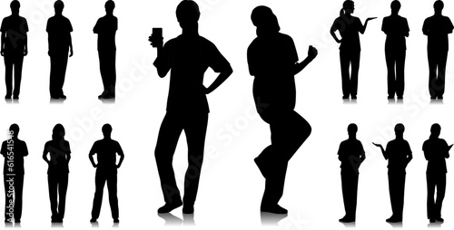Silhouette of female healthcare worker. Happy smiling doctor with a stethoscope. Female nurse in blue uniform poses. Different color options. Vector flat style illustration set isolated on white