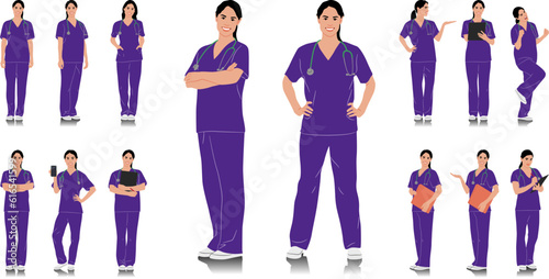 Hand-drawn healthcare worker. Happy smiling doctor with a stethoscope. Female nurse in purple uniform poses. Different color options. Vector flat style illustration set isolated on white