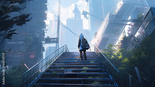 A person in a hoodie walking on stairs in the city. Anime wallpaper. Generative AI