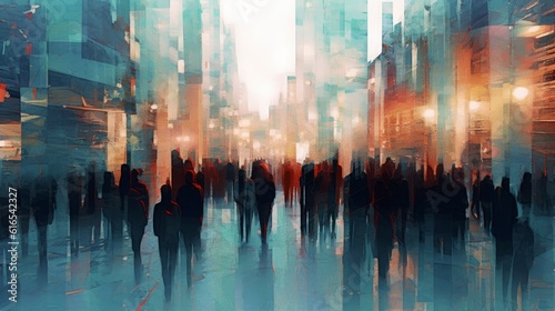 An abstract illustration of a crowd of people in a city. Generative AI. 