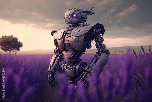 robot standing in a field of purple flowers. Generative AI