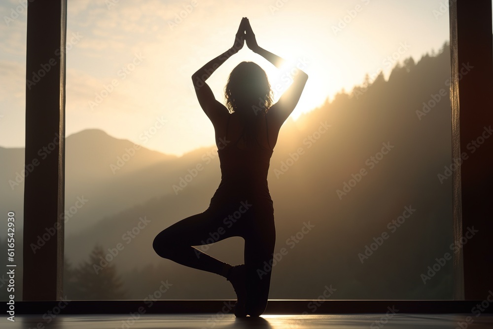 silhouette of a woman doing yoga in the morning. Generated by Ai.