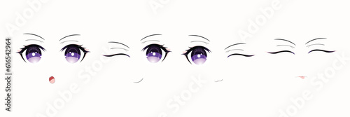 Cute anime stile eyes and mouth set. Hand drawn eyes open and closed in Purple Color. Isolated on white.