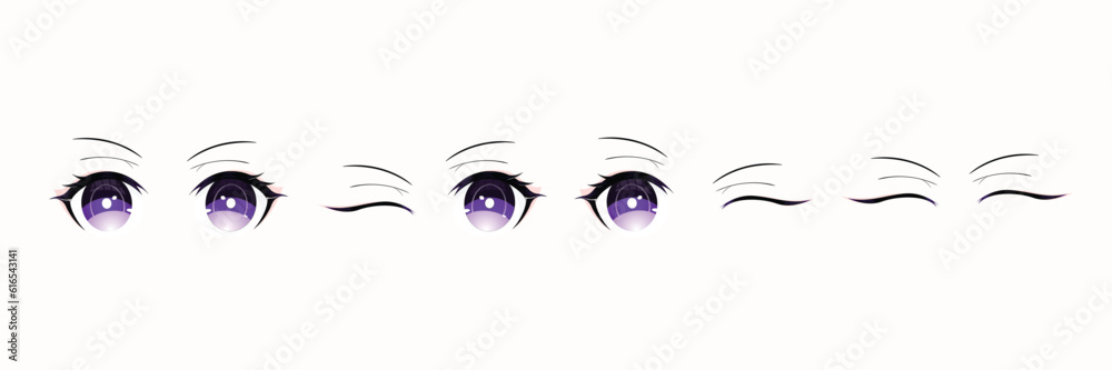 Set of cute anime Stile eyes. Hand drawn eyes open and closed in Purple Color. Isolated on white. Set of cute anime Stile eyes. Hand drawn eyes open and closed in Purple Color. Isolated on white.