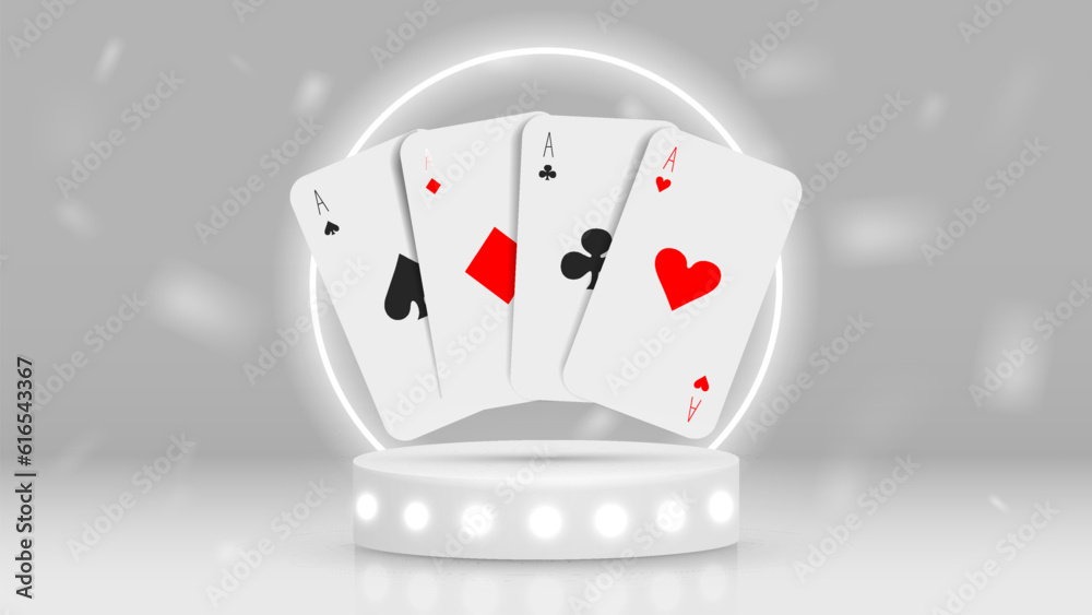Obraz premium A casino-themed banner with realistic poker cards on a white podium with a neon frame.