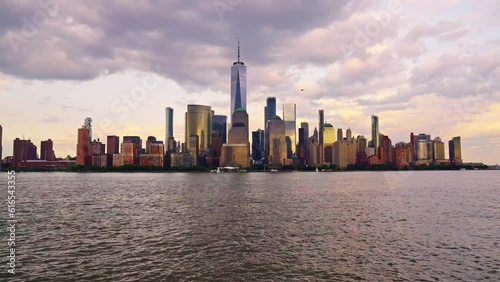 New York Manhattan time laps at dusk. Timelapse Sunset in New York Lower Manhattan Financial District Hudson River. From New york with love. Manhattan New York Cityscape NYC