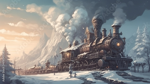 old castle in the snow, background, generative, ai, steampunk style