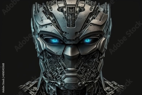futuristic robot with striking blue eyes against a dark black background. Generative AI