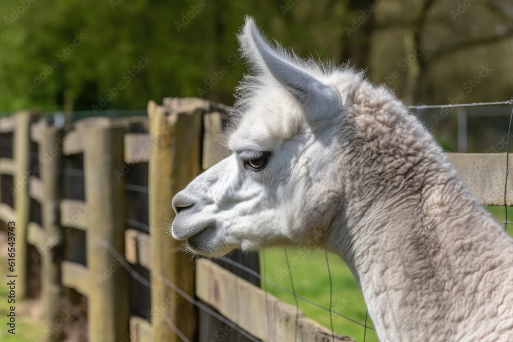white llama standing next to a wooden fence