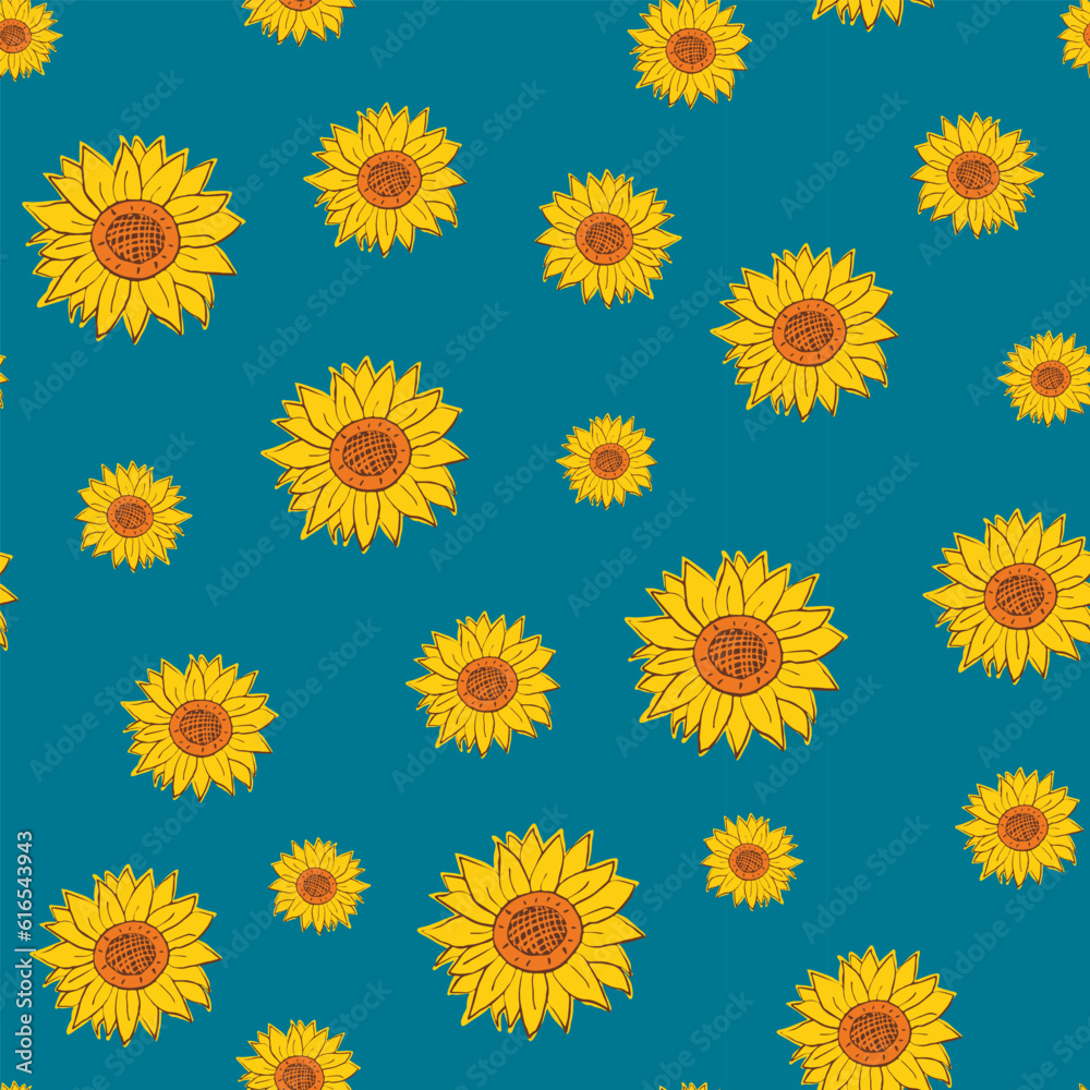 Sunflower Vector Pattern on blue background. Hand Drawn floral print for Textile, Stationery, Wrapping Paper, Wallpaper, Greeting Card Sunflower Vector Pattern on blue background. Hand Drawn floral print for Textile, Stationery, Wrapping Paper, Wallpaper, Greeting Card