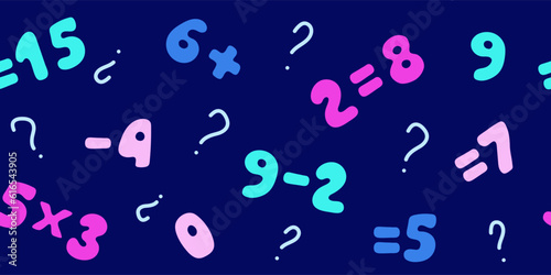Turquoise and fuchsia numbers with arithmetic symbols on a dark blue background. Vector illustration. Seamless border.