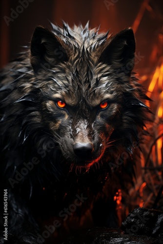 An angry hunting wolf looking at the viewer. Generative AI. 