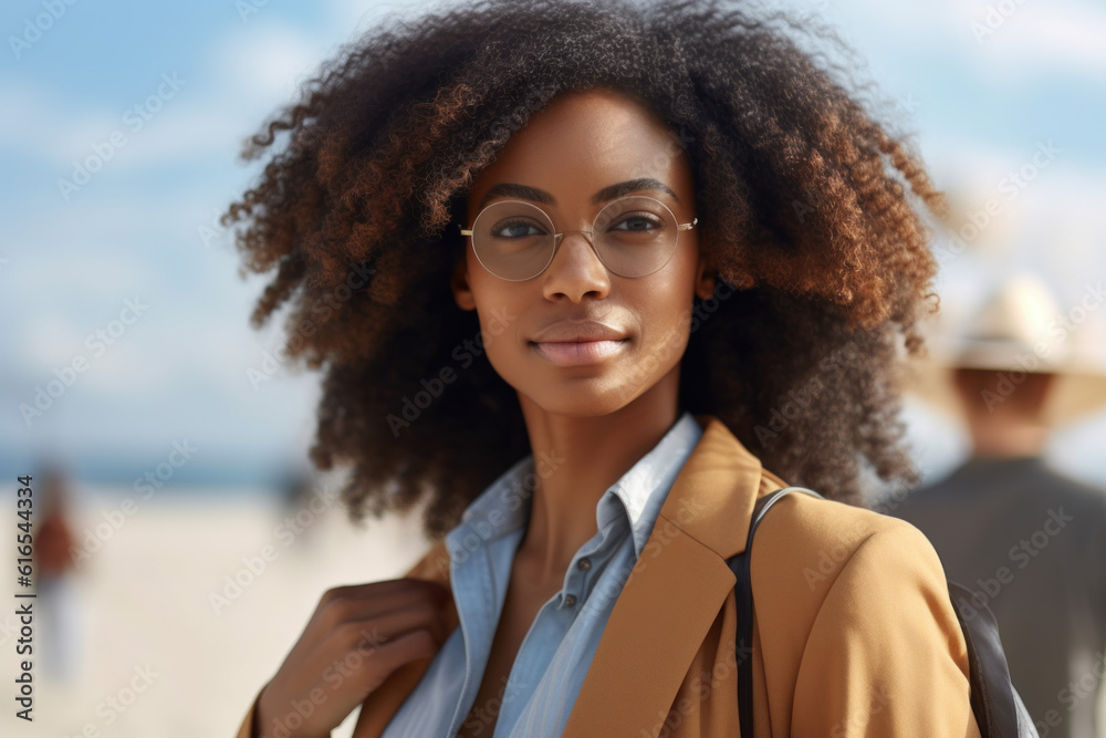 African American female student in glasses on a beach background in ...