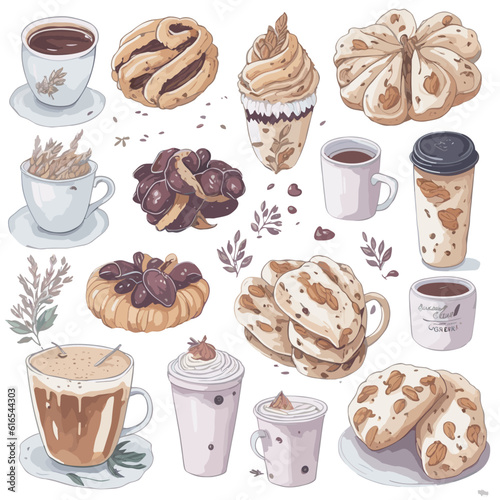 Set with coffee drinks for cafe or coffeehouse menu. Illustration of strong espresso, gentle latte, sweet macchiato and cappuccino, Viennese coffee and glace. Markers, watercolor.