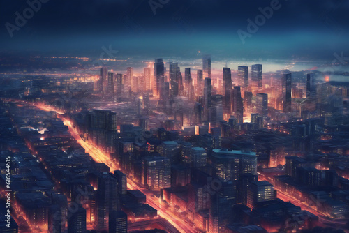 City skyline at night illuminated with vibrant lights