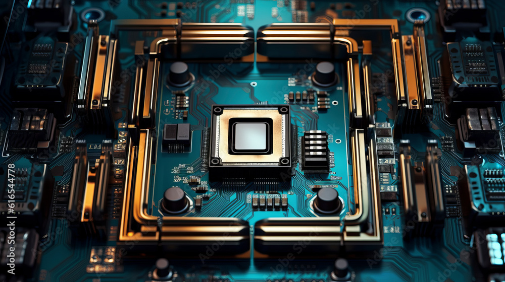 Futuristic rendering of a computer circuit board.