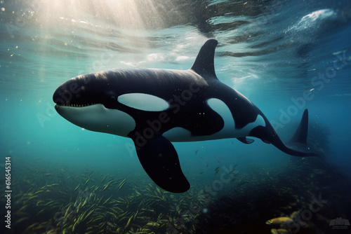 Majestic orca whale swimming in the ocean generative ai