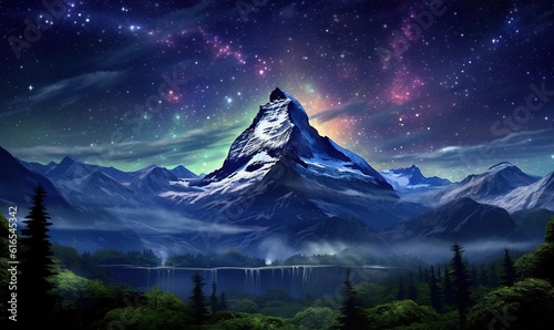  a painting of a snowy mountain with a lake below it. generative ai