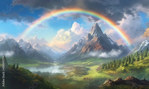  a painting of a rainbow in the sky over a mountain range.  generative ai © Anna
