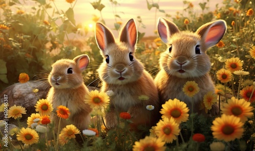  three rabbits are sitting in a field of sunflowers. generative ai