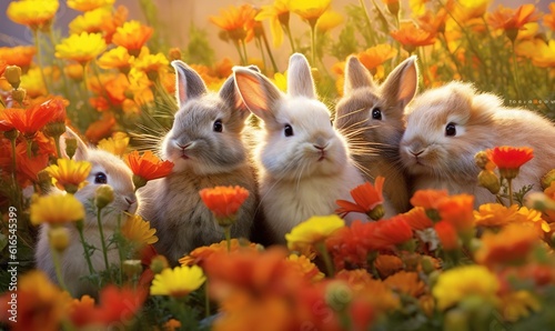  a group of rabbits sitting in a field of orange and yellow flowers. generative ai