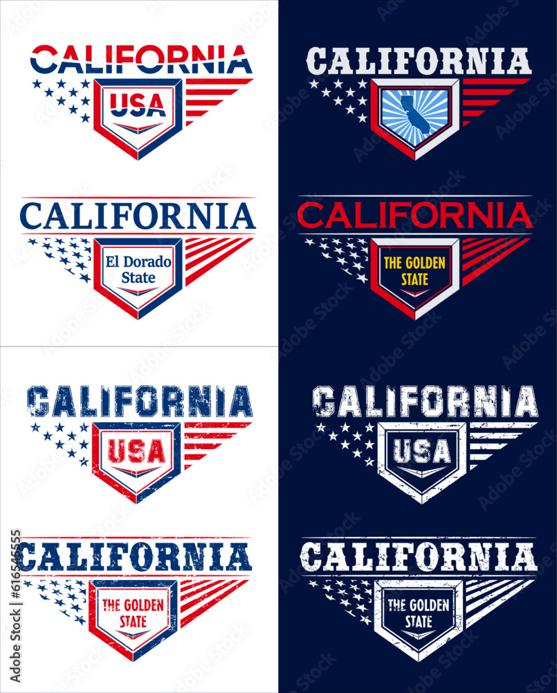 California State print design big set. Isolated on white, dark blue black background, grunge pattern.
Illustration with Golden State, El Dorado State slogans. 