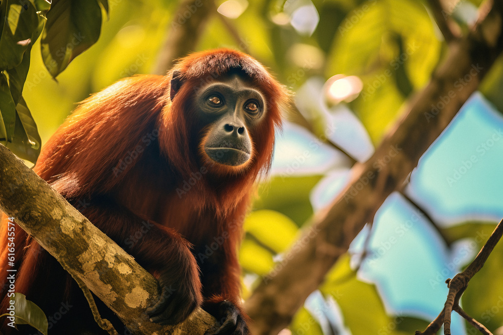 Red howler monkey on a tree in the forest, generative ai