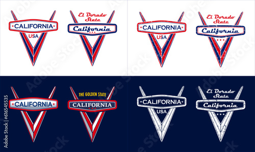California State print design big set. Isolated on white, dark blue black background, grunge pattern.
Illustration with Golden State, El Dorado State slogans. 