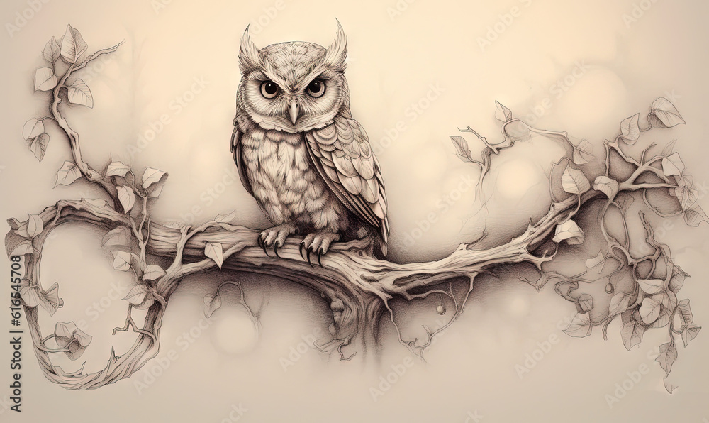 Fototapeta premium a drawing of an owl sitting on a branch of a tree. generative ai