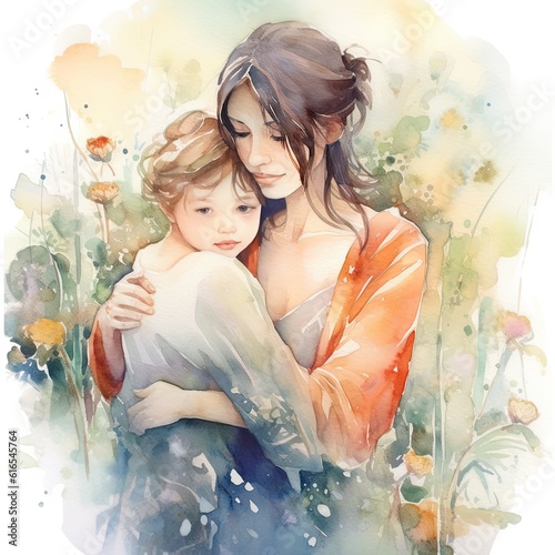 Colorful watercolor painting of a mother with her child