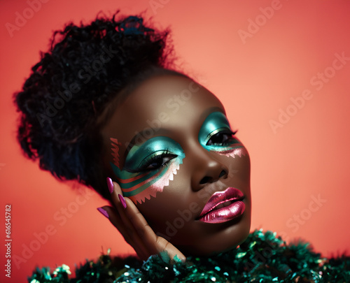 Portrait of young afro woman with bright and colorful make-up
