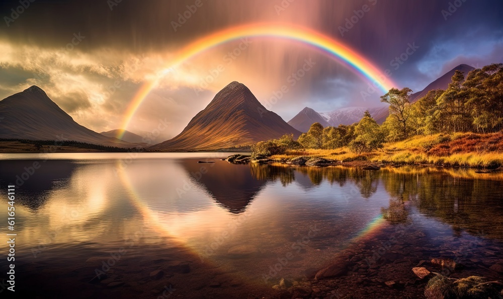  two rainbows over a lake with mountains in the background.  generative ai