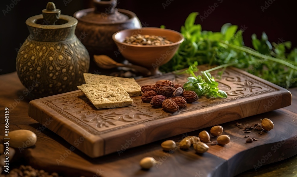 a wooden cutting board topped with nuts next to a bowl of greens. generative ai a wooden cutting board topped with nuts next to a bowl of greens. generative ai