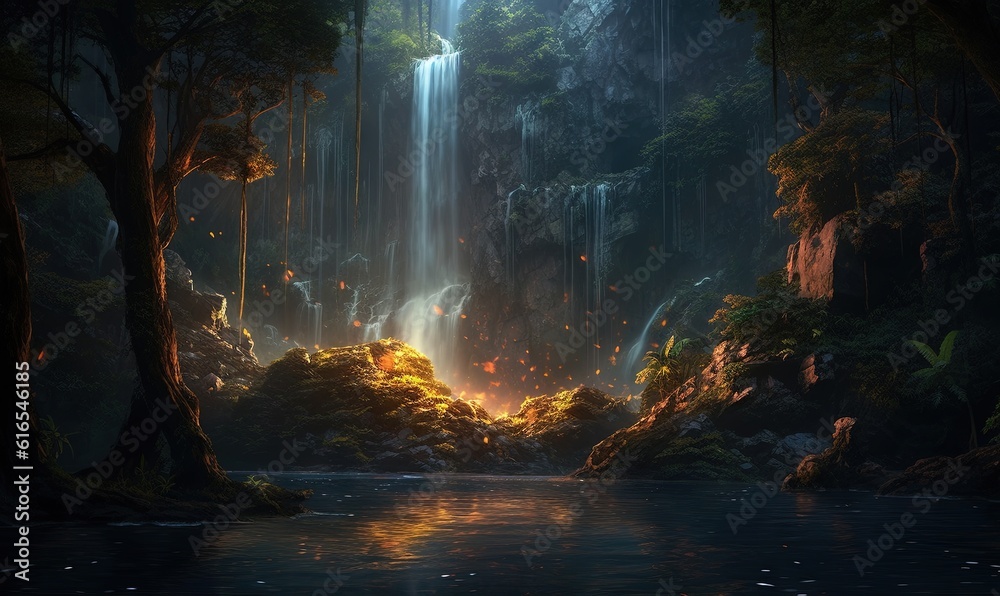  a painting of a waterfall surrounded by trees and rocks in a forest.  generative ai