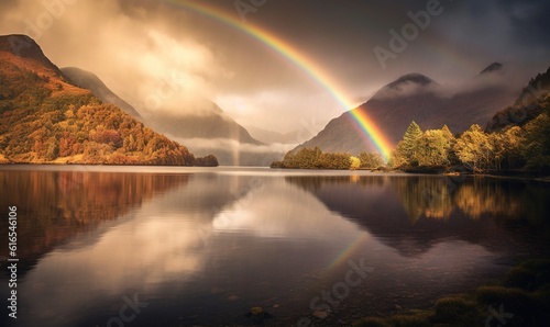  a rainbow over a lake with mountains in the background and clouds in the sky. generative ai