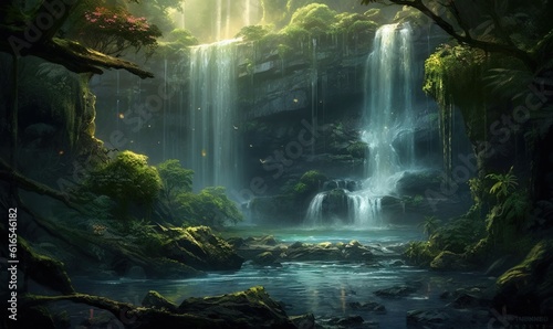  a painting of a waterfall in the middle of a forest. generative ai