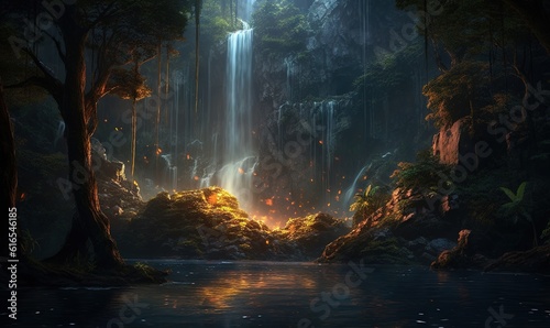  a painting of a waterfall surrounded by trees and rocks in a forest. generative ai