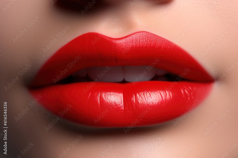 Obraz premium female lips with red lipstick close-up. generated by AI.