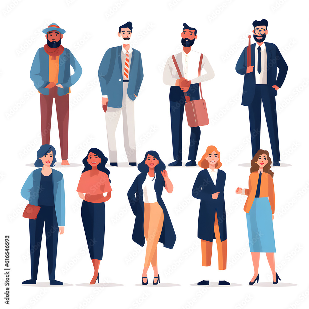 Illustration in a flat style of ifferent people from different cultures around the world work together. Happy women and men in modern style