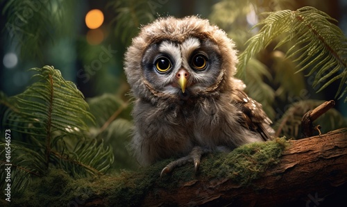  an owl is sitting on a branch in a forest with a blurry background.  generative ai © Anna
