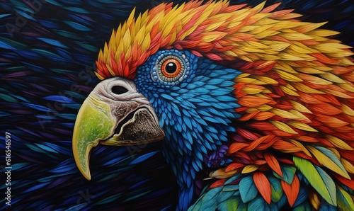  a painting of a colorful parrot with a black background and a yellow beak.  generative ai © Anna