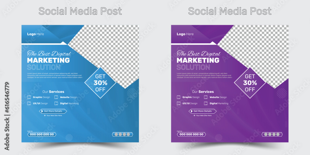 Business marketing agency promotion social media post template. Editable  two vector design