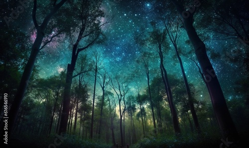  a forest filled with lots of trees under a night sky.  generative ai
