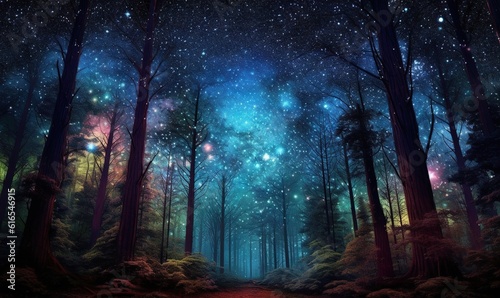  a painting of a forest filled with lots of trees and stars.  generative ai