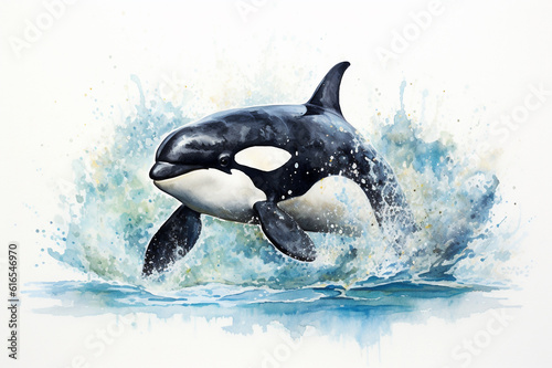 Watercolor painting of an orca swimming in the water. Beautiful artistic image for poster  wallpaper  art print. Generative AI.