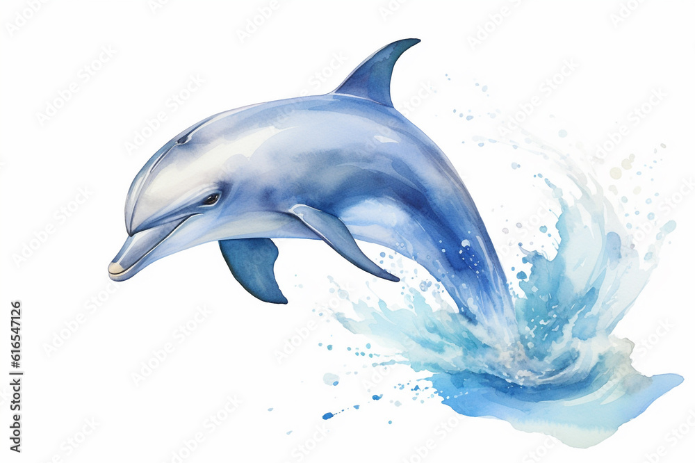 Watercolor painting of a dolphin swimming in the water. Beautiful ...